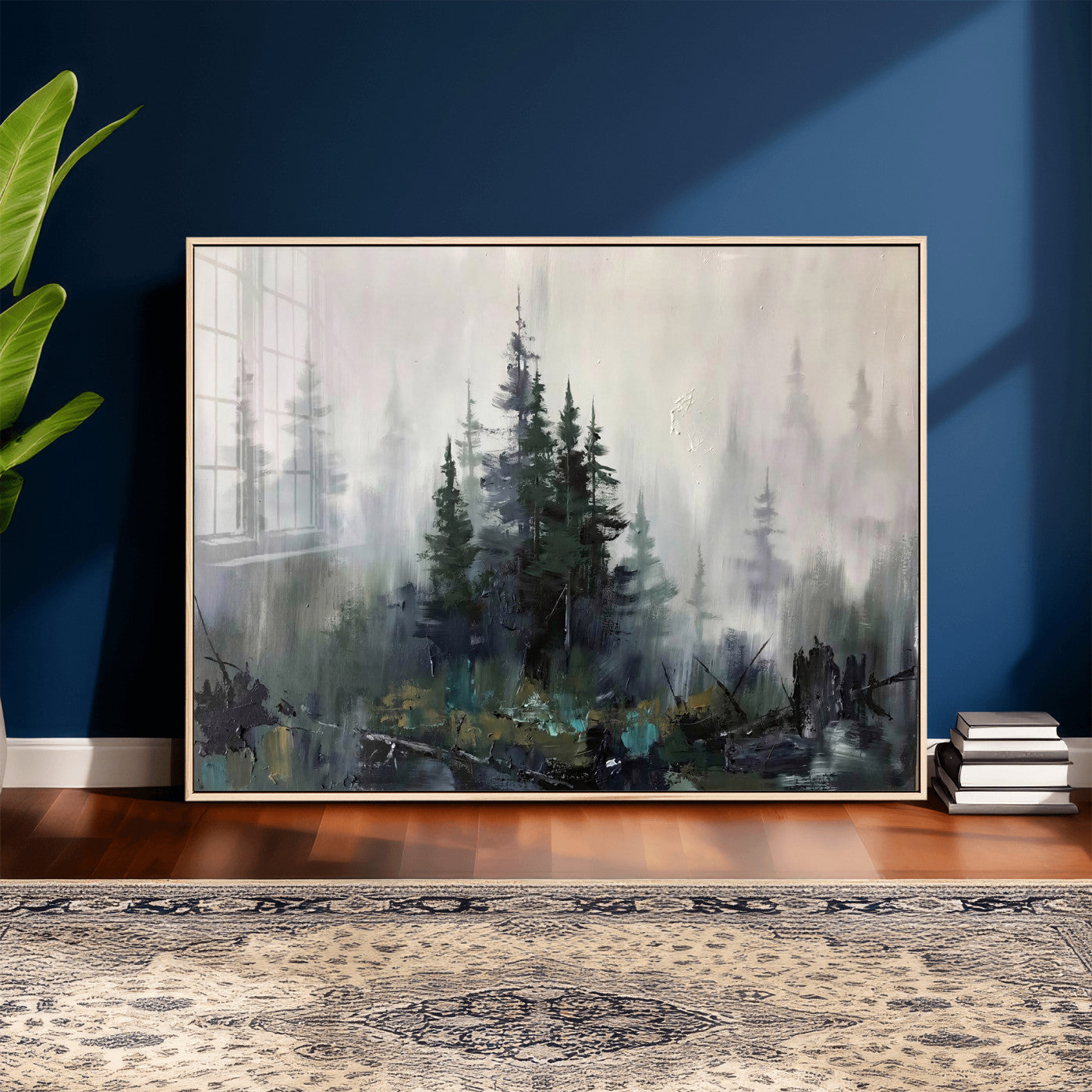 94143325-MGV-CV-36X24 - Misty Pine Forest Oil Painting Canvas — Dark Moody Teal Grey Tree Print | Japandi Scandinavian Wall Art | Minimalist Nature Decor Gift