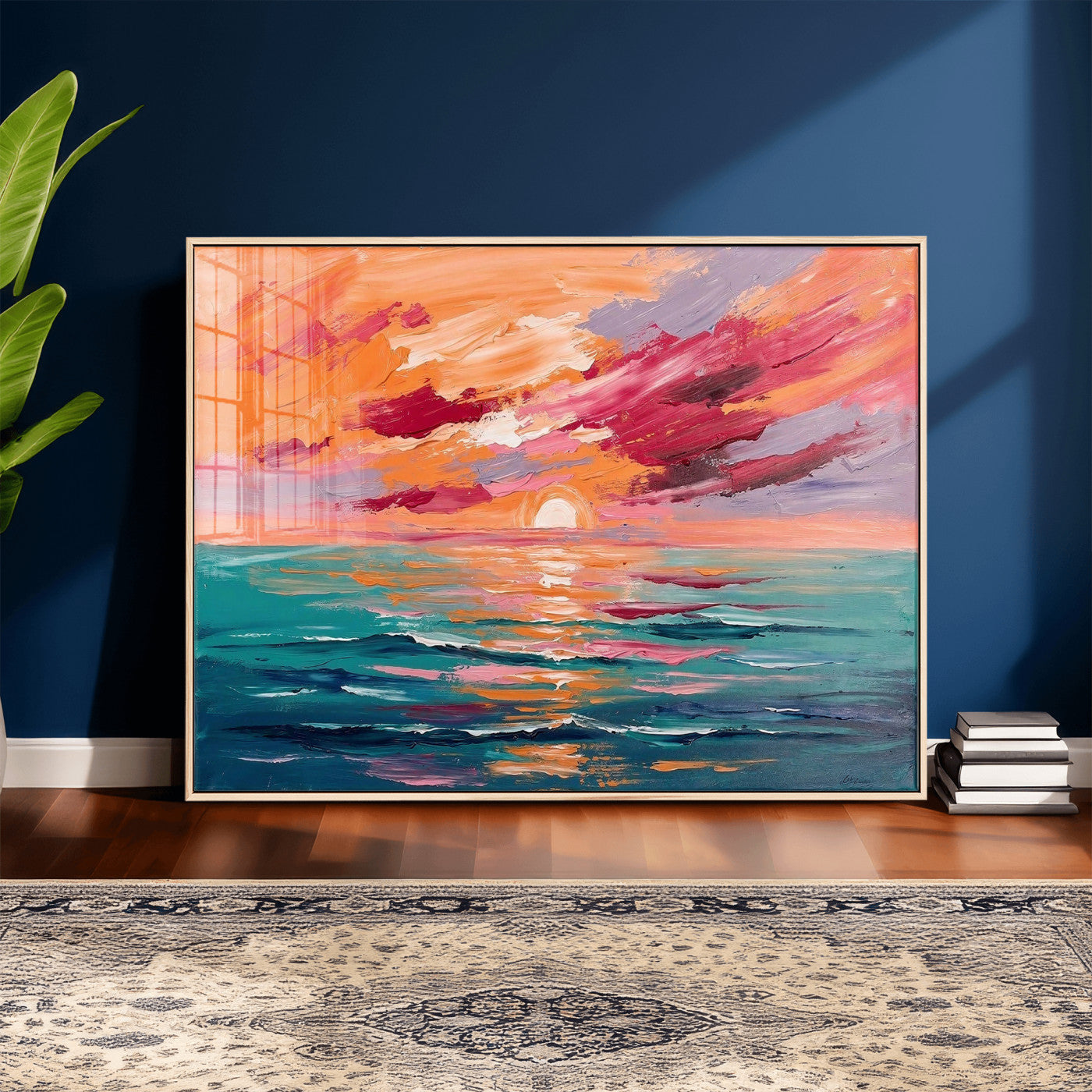 26763902-MGV-CV-36X24 - Bold Palette Knife Ocean Sunset Canvas — Orange Pink Teal Expressionist Sea Print | Colorful Coastal Wall Art | Vibrant Beach Decor Gift