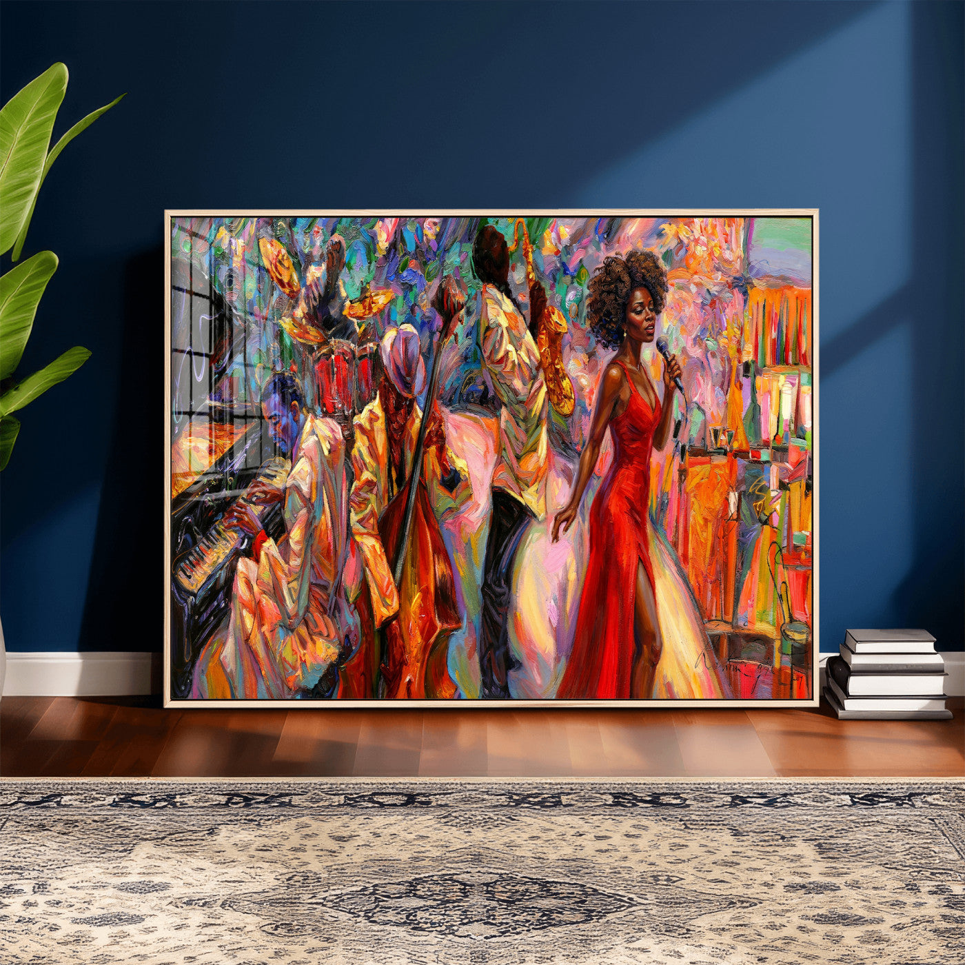 72615137-MGV-CV-36X24 - African American Jazz Singer Canvas Art - Red Dress Black Woman Music Print | Colorful Jazz Band Wall Decor | Living Room Gift for Her