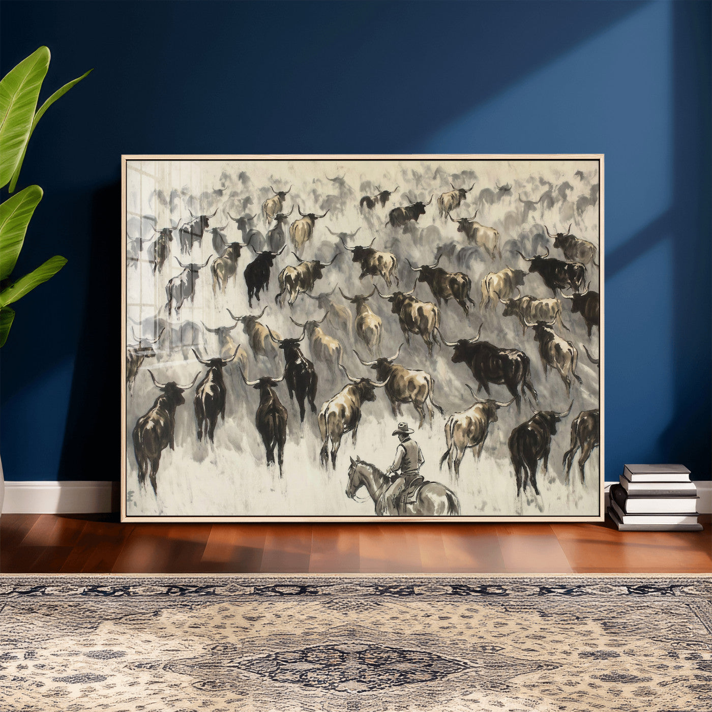 48049876-MGV-CV-36X24 - Cowboy Cattle Drive Canvas Wall Art, Western Longhorn Herd Ink Painting Print, Ranch Rodeo Decor, Black White Western Art, Large Living Room Art