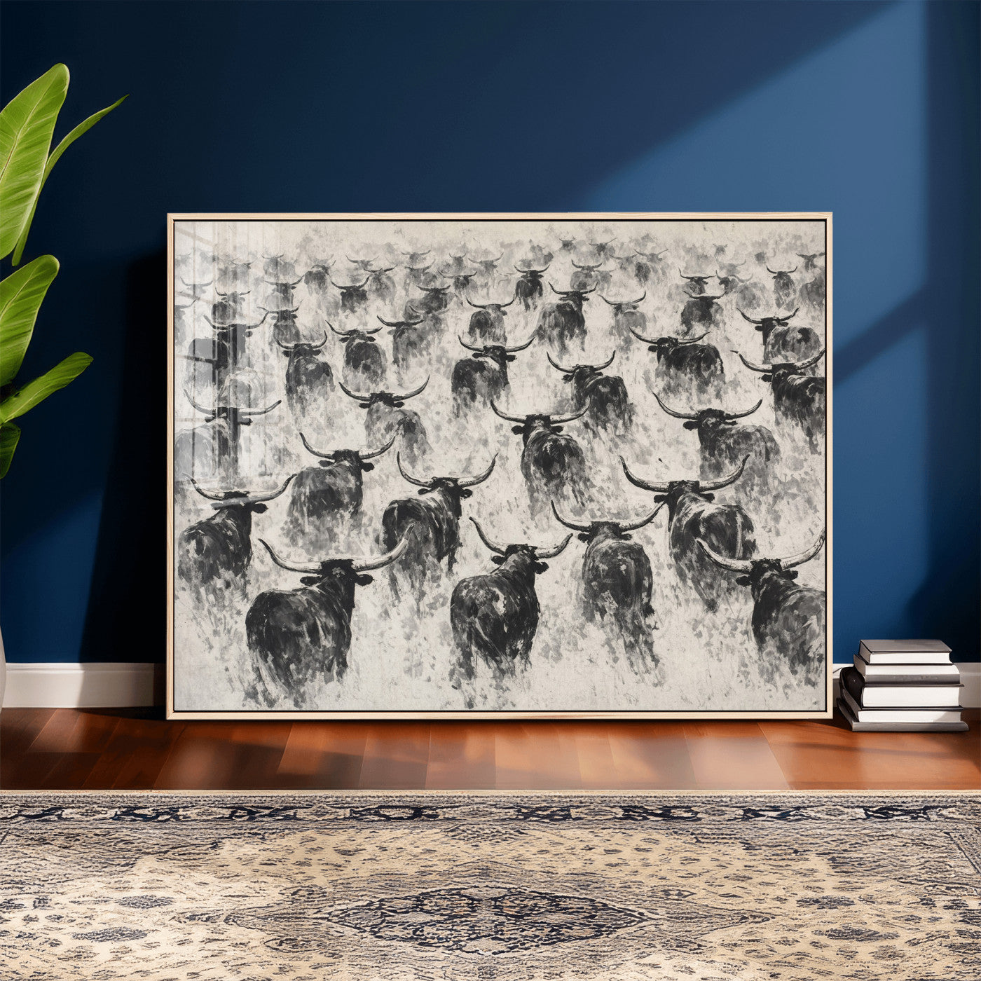 73328525-MGV-CV-36X24 - Texas Longhorn Drawing Canvas Wall Art, Western Cattle Stampede Painting Print, Warm Amber Ranch Decor, Rustic Cowboy Home Art, Large Living Room Decor