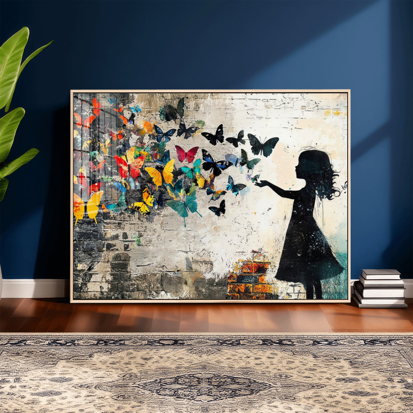 33909022-MGV-CV-36X24 - Banksy Butterfly Girl Wall Art Canvas Print, Framed Street Art Silhouette Graffiti Artwork, Colorful Butterfly Wall Decor for Living Room Bedroom Office