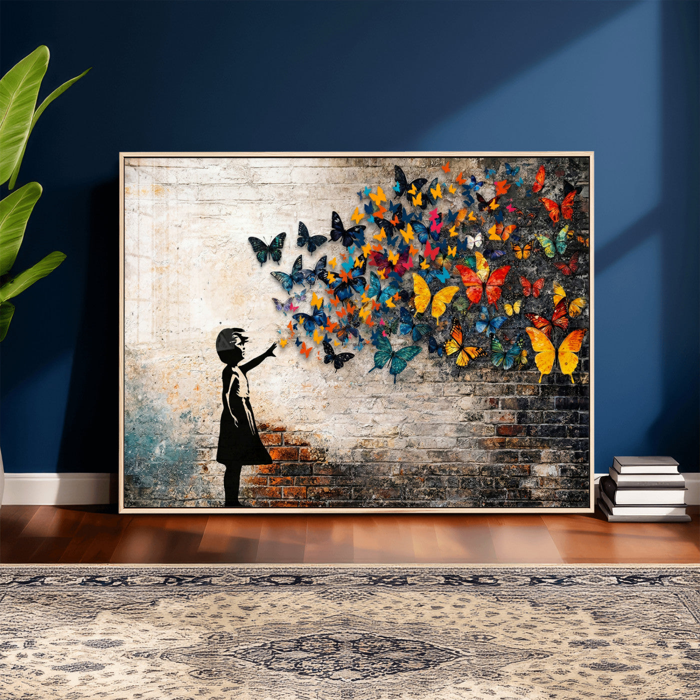 78760384-MGV-CV-36X24 - Banksy Graffiti Butterfly Girl Wall Art Canvas Print, Framed Street Art Canvas Print, Silhouette Butterfly Wall Art for Living Room Bedroom Office