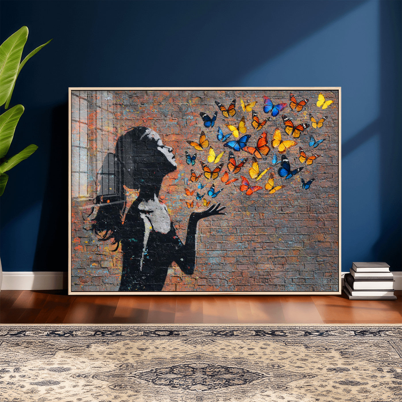 10555939-MGV-CV-36X24 - Urban Banksy Butterfly Girl Wall Art Canvas Print, Framed Street Art Canvas Print, Graffiti Silhouette Butterfly Wall Art for Living Room Bedroom Office