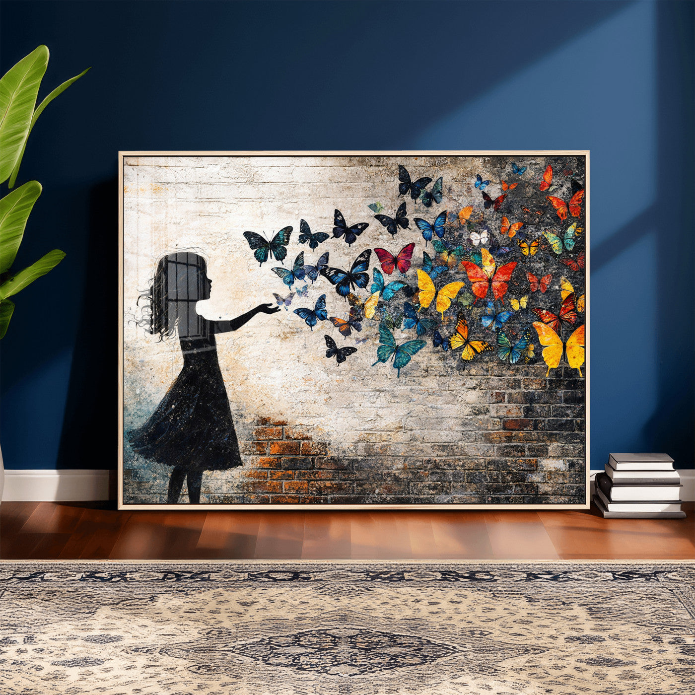 70522594-MGV-CV-36X24 - Banksy Butterfly Girl Wall Art Canvas Print, Framed Street Art Canvas Print, Graffiti Silhouette Butterfly Wall Art for Living Room Bedroom Office