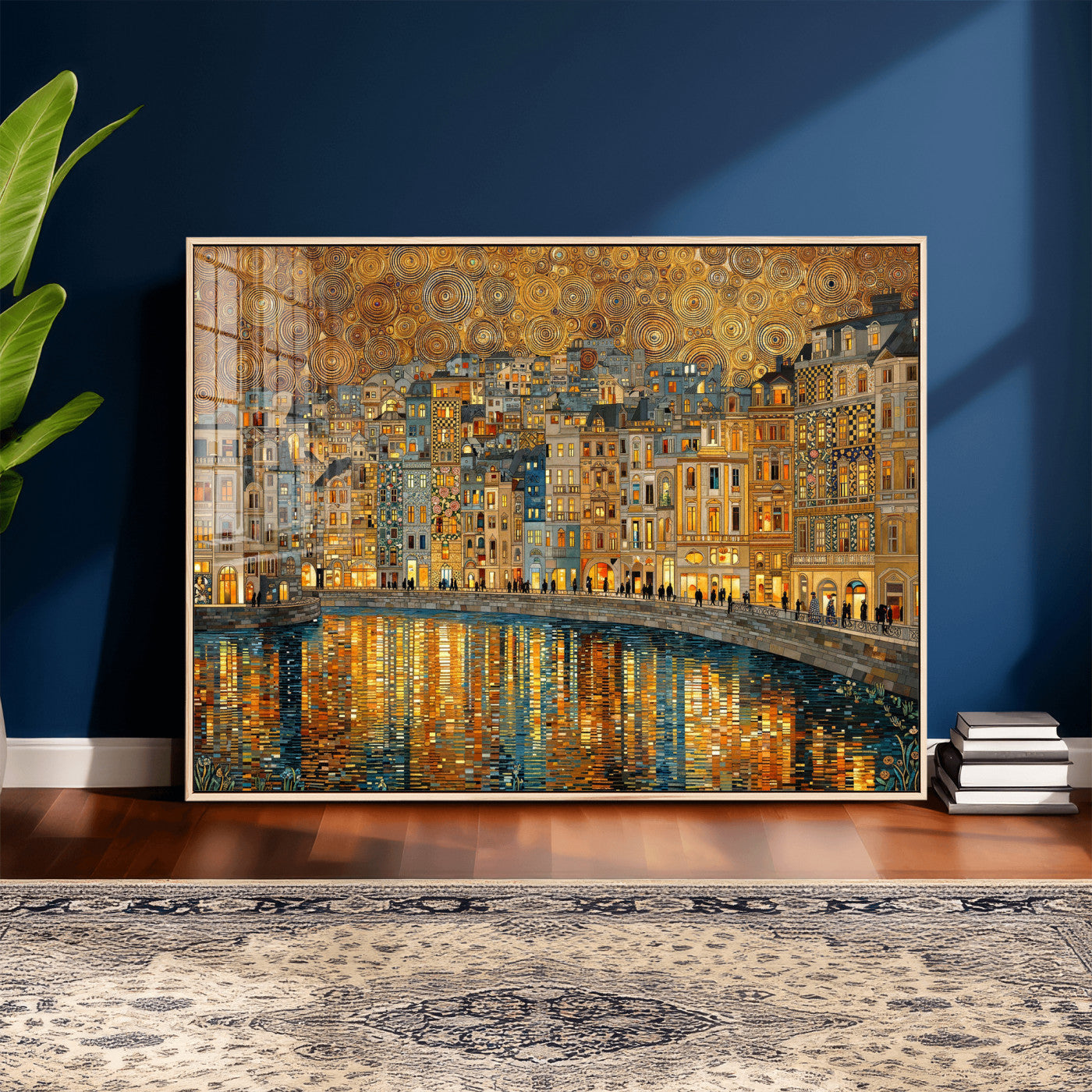 94022787-MGV-CV-36X24 - Gustav Klimt Golden Cityscape Wall Art Canvas Print, Framed River Town Landscape Artwork, Ornate Architecture Wall Decor for Living Room Bedroom Office