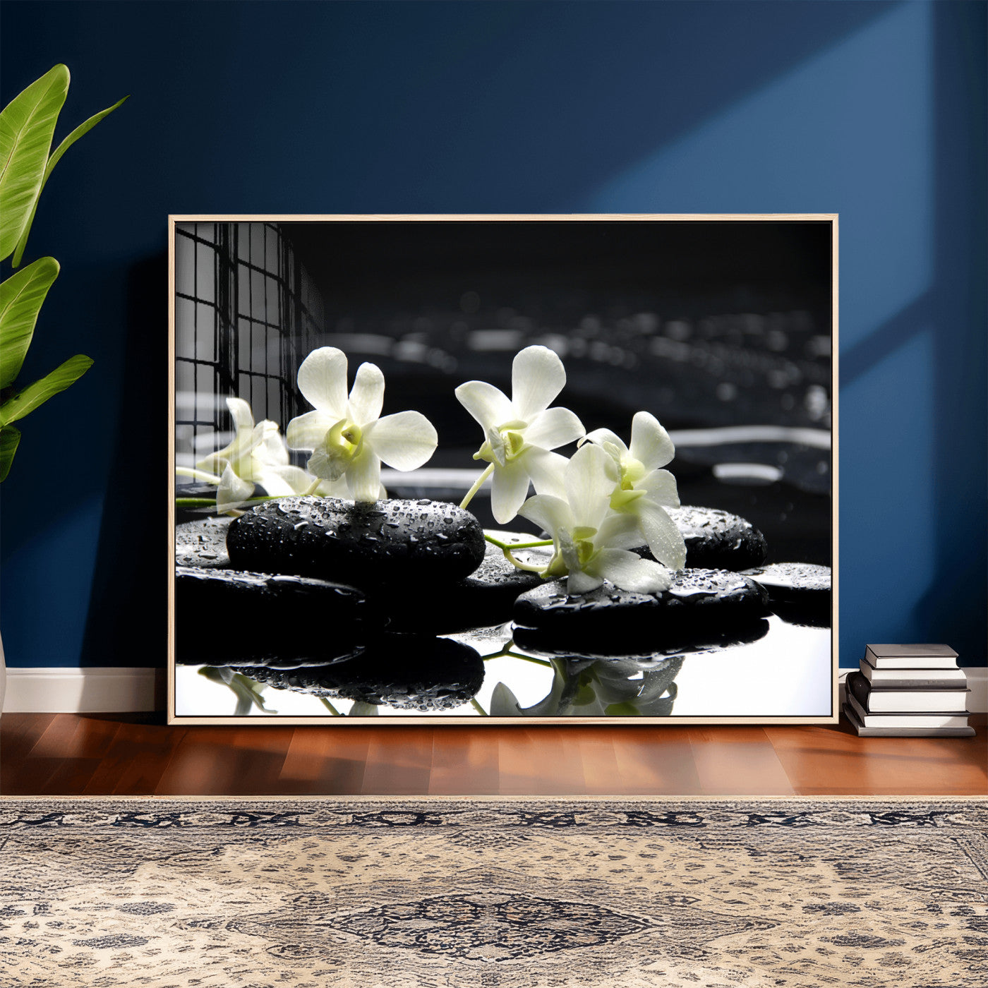 79486206-MGV-CV-36X24 - Plumeria Frangipani Black Stone Canvas | White Flower Spa Photography Print | Tropical Zen Wall Art | Grey Pebble Floral for Meditation Room Decor