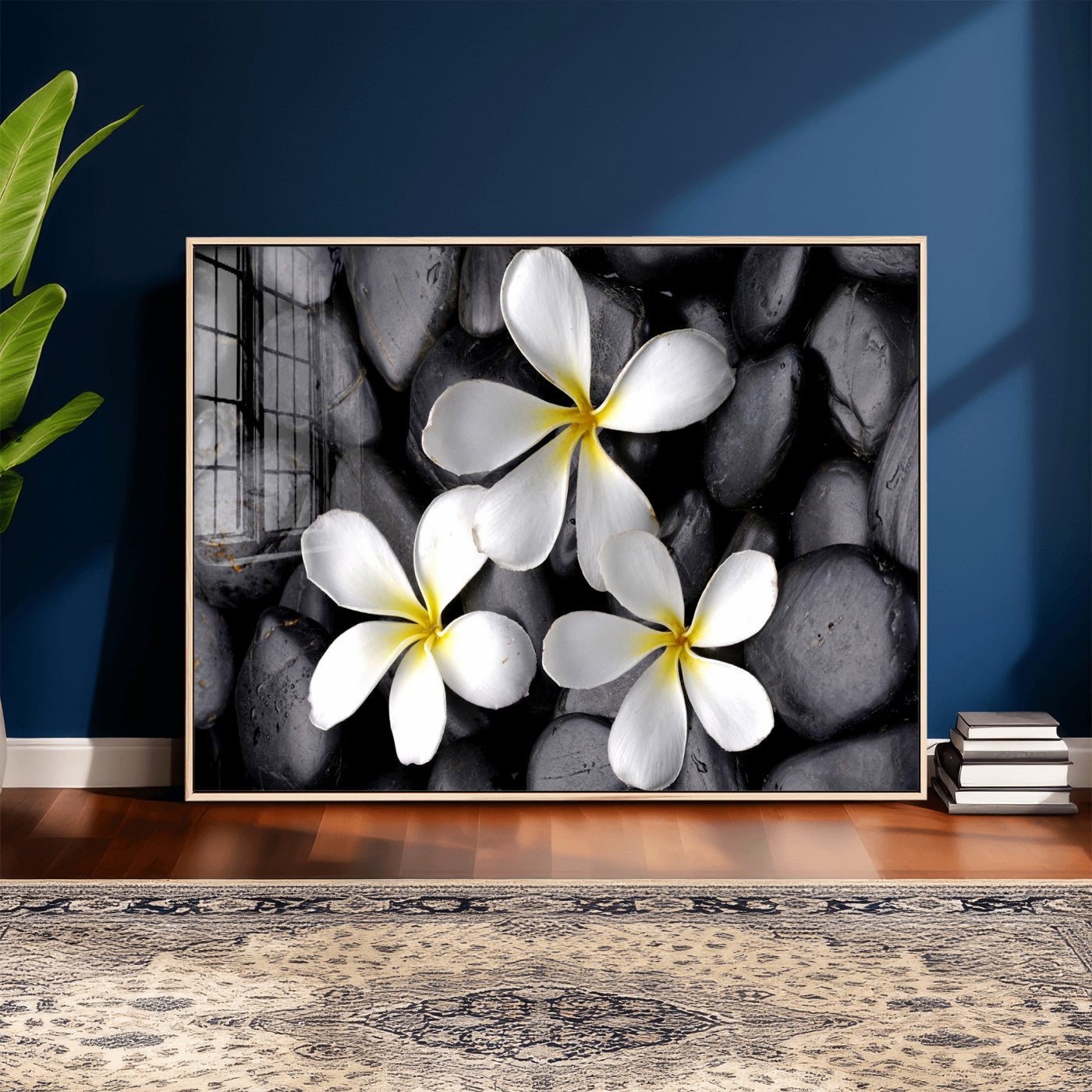 43639613-MGV-CV-36X24 - Plumeria Frangipani Black Stone Canvas | White Flower Spa Photography Print | Tropical Zen Wall Art | Grey Pebble Floral Decor