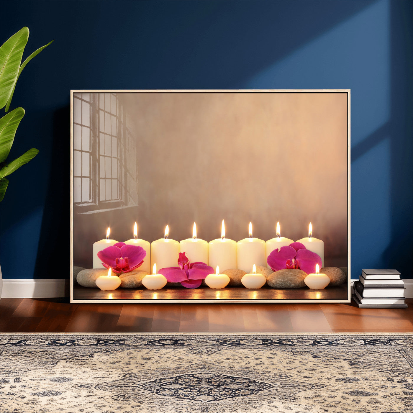 59470569-MGV-CV-36X24 - Spa Candles Orchid Canvas Print | Zen Wellness Relaxation Wall Art | Pink Flower Candlelight Bathroom Decor | Calm Beige Photography