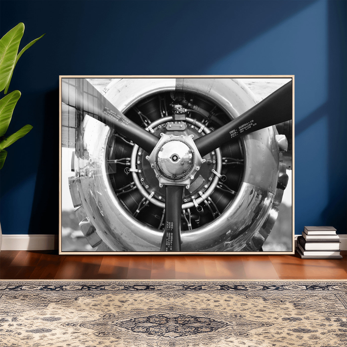 73322230-MGV-CV-36X24 - Vintage Propeller Plane Wall Art Canvas Print, Black and White Airplane Engine Close Up Framed Aviation Artwork for Pilot Office Hangar Decor