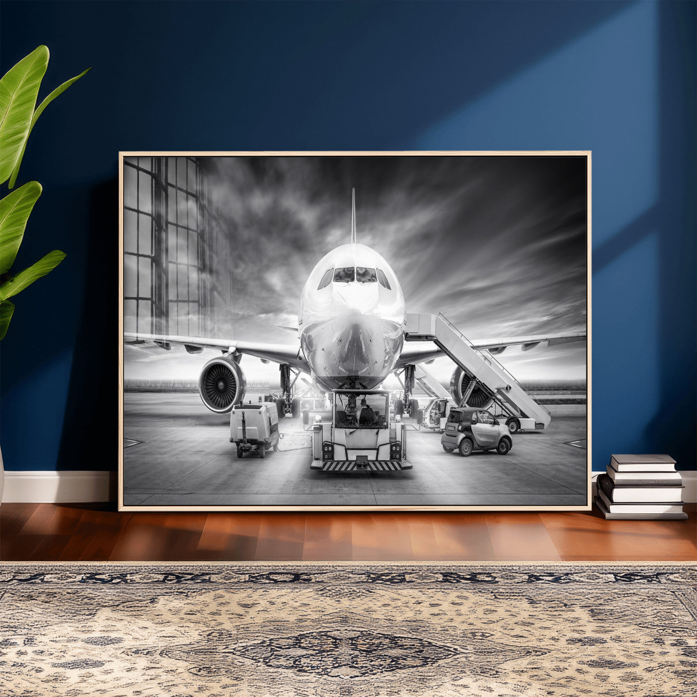85885848-MGV-CV-36X24 - Airplane Wall Art Canvas Print, Black and White Jet Aircraft Airport Runway Framed Aviation Artwork for Pilot Office Hangar Travel Decor