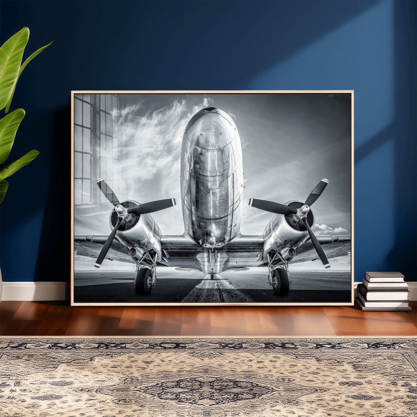 59729636-MGV-CV-36X24 - Vintage Propeller Plane Wall Art Canvas Print, Black and White Airplane Engine Close Up Framed Aviation Artwork for Pilot Office Hangar Decor
