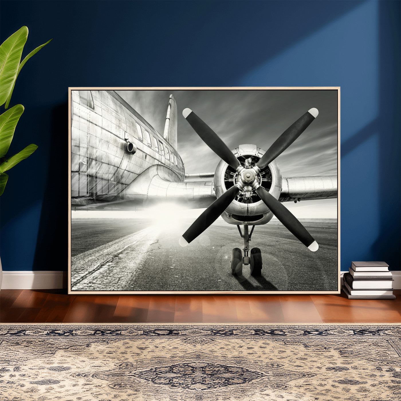 16420255-MGV-CV-36X24 - Vintage Airplane Wall Art Canvas Print, Black and White Propeller Aircraft Framed Aviation Artwork for Pilot Office Hangar Living Room Decor