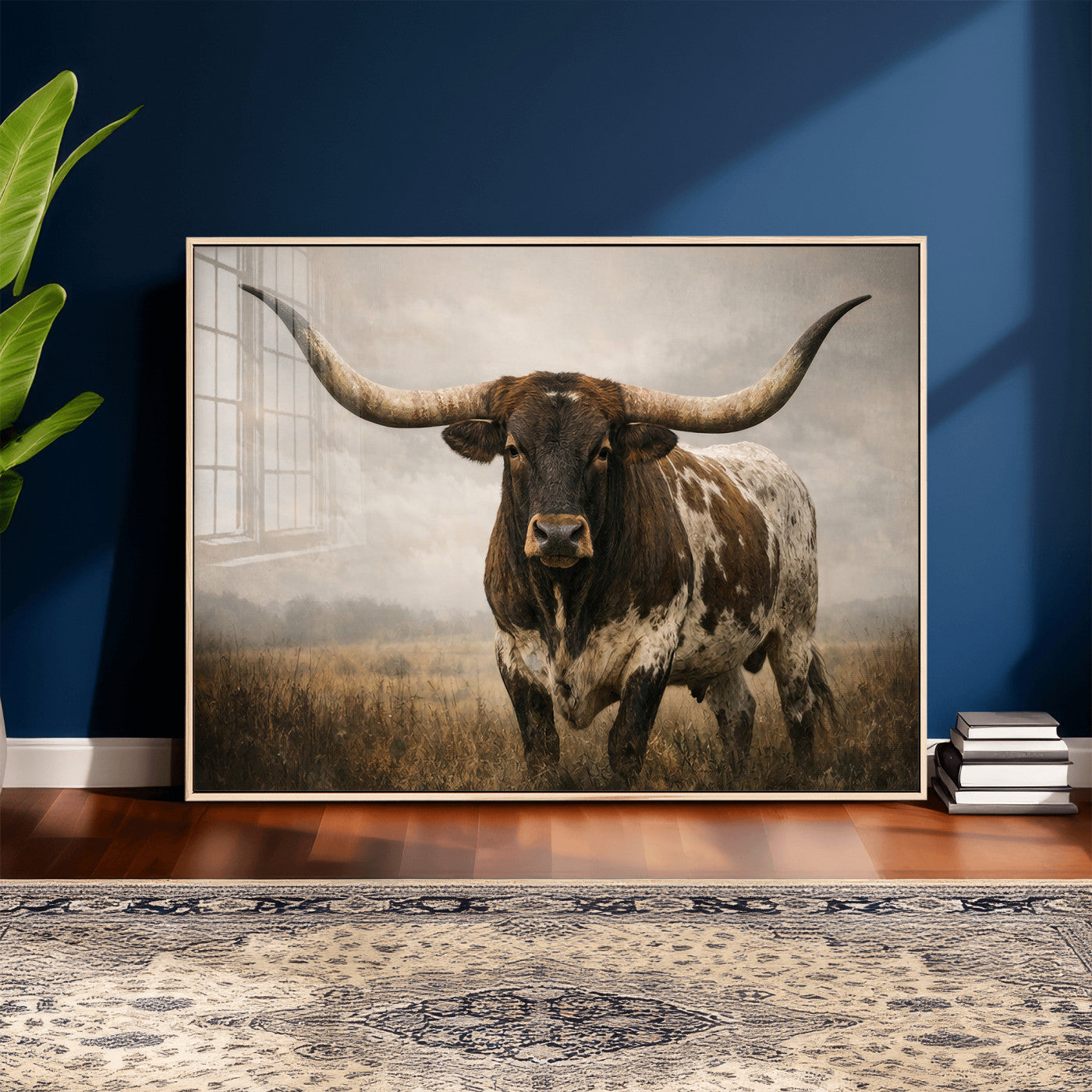 17622011L-MGV-CV-36X24 - Longhorn Bull Wall Art Canvas Print, Western Farmhouse Cowboy Decor, Rustic Texas Ranch Cattle Artwork for Living Room Bedroom Office, Framed Wall Decor