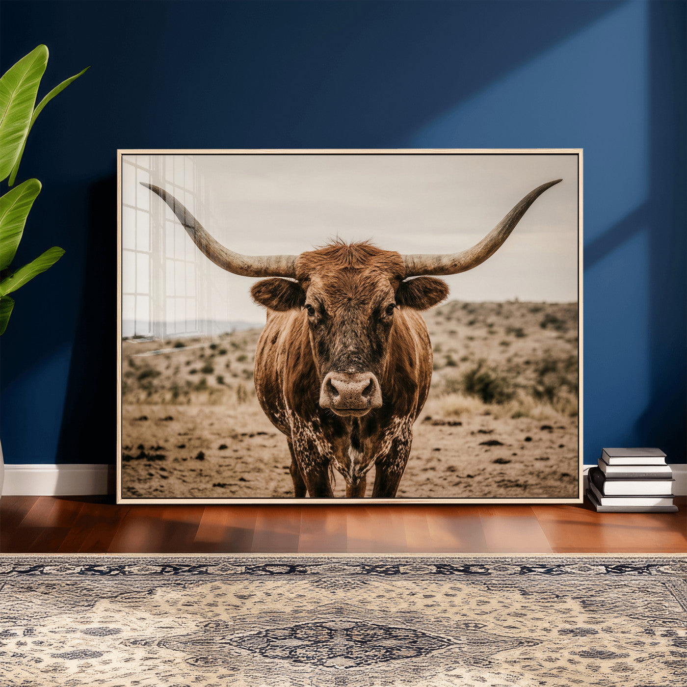 17622011K-MGV-CV-36X24 - Texas Longhorn Bull Wall Art Canvas Print, Western Farmhouse Cowboy Decor, Rustic Texas Ranch Cattle Artwork for Living Room Bedroom Office, Framed Wall Decor
