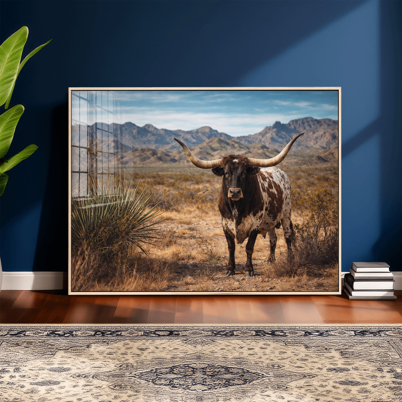 17622011S-MGV-CV-36X24 - Texas Longhorn Bull Wall Art Canvas Print, Western Farmhouse Cowboy Decor, Rustic Texas Ranch Cattle Artwork for Living Room Bedroom Office, Framed Wall Decor