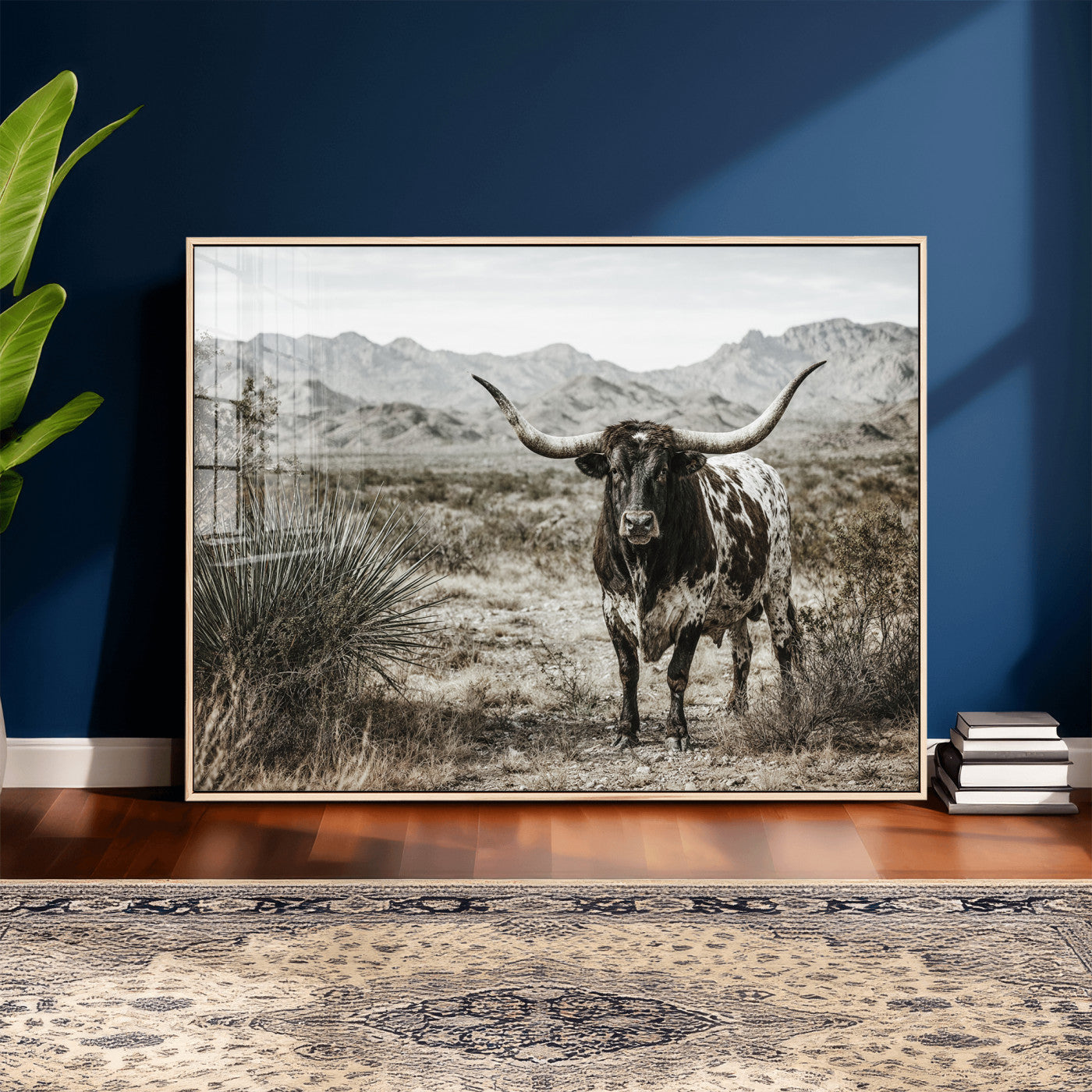 17622011H-MGV-CV-36X24 - Texas Longhorn Bull Wall Art Canvas Print, Western Farmhouse Cowboy Decor, Rustic Texas Ranch Cattle Artwork for Living Room Bedroom Office, Framed Wall Decor