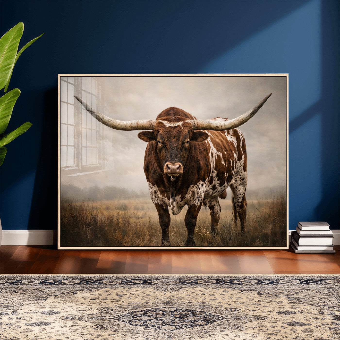 25239047-MGV-CV-36X24 - Texas Longhorn Canvas Wall Art Western Bull Desert Moody Grey Overcast Rustic Farmhouse Framed Large for Living Room Bedroom Office Decor