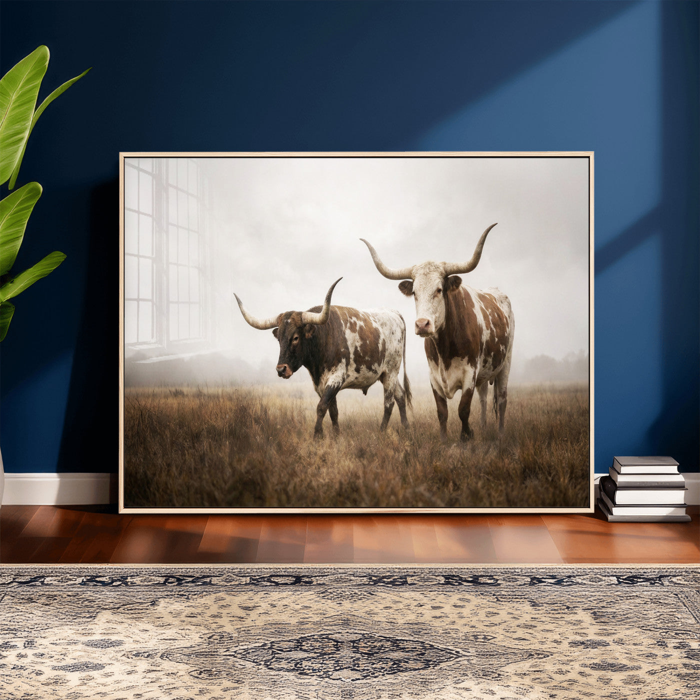 92881702-MGV-CV-36X24 - Texas Longhorn Canvas Wall Art Western Bull Desert Moody Grey Overcast Rustic Farmhouse Framed Large for Living Room Bedroom Office Decor