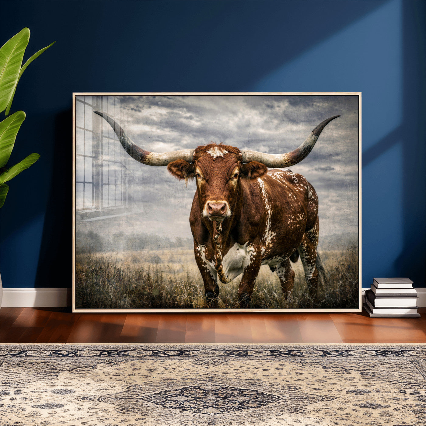 14372769-MGV-CV-36X24 - Texas Longhorn Canvas Wall Art Western Bull Desert Moody Grey Overcast Rustic Farmhouse Framed Large for Living Room Bedroom Office Decor