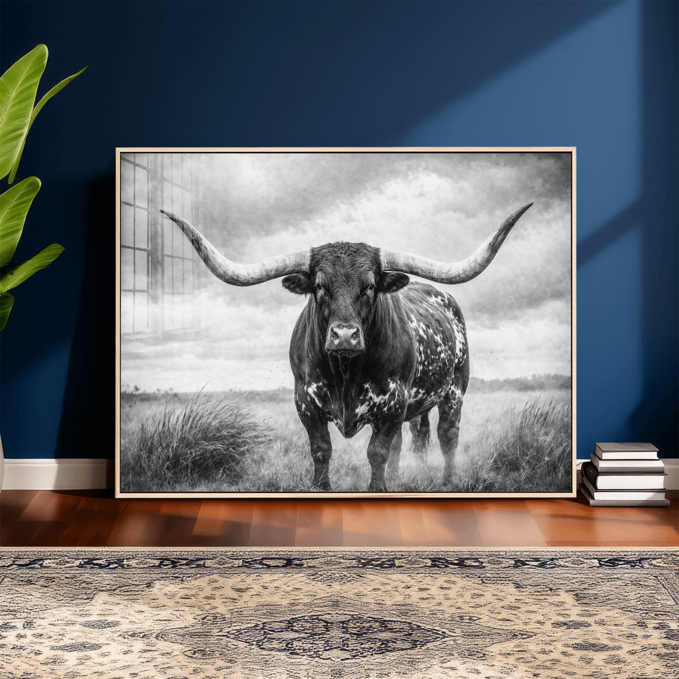 19951238-MGV-CV-36X24 - Texas Longhorn Canvas Wall Art Western Bull Desert Moody Grey Overcast Rustic Farmhouse Framed Large for Living Room Bedroom Office Decor