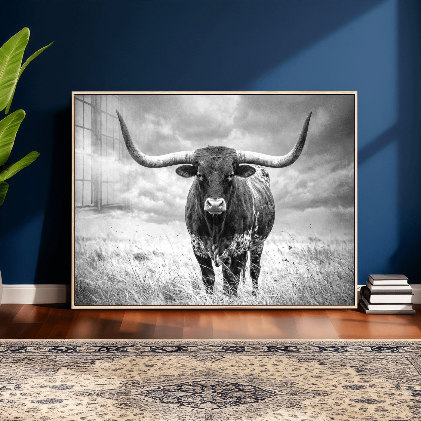 63336115-MGV-CV-36X24 - Texas Longhorn Canvas Wall Art Western Bull Desert Moody Grey Overcast Rustic Farmhouse Framed Large for Living Room Bedroom Office Decor