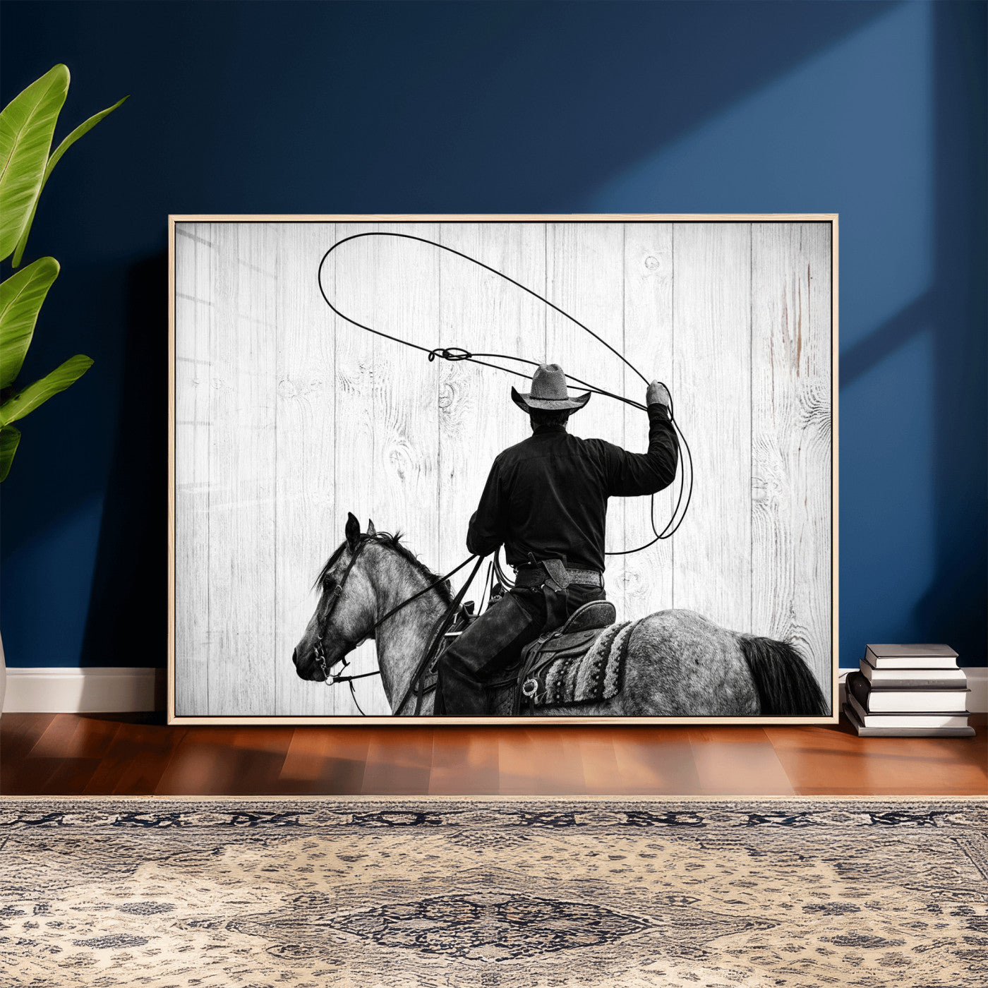 22569358-MGV-CV-36X24 - Cowboy Lasso Canvas Wall Art, Black White Western Horse Photo Print, Rustic Ranch Rodeo Decor, Farmhouse Western Art, Cowboy Gift for Him