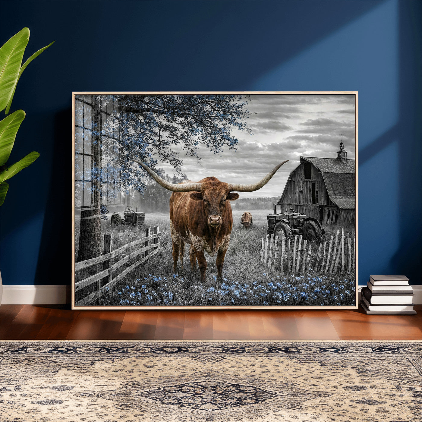 19366343-MGV-CV-36X24 - Texas Longhorn Canvas Wall Art, Rustic Farm Barn Bluebonnet Photography Print, Farmhouse Country Decor, Western Ranch Art, Old Truck Tractor Print