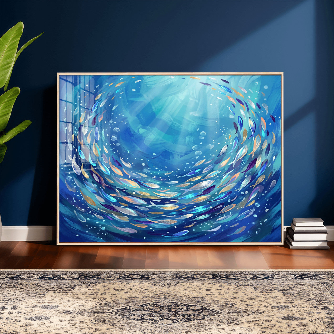 78699899-MGV-CV-36X24 - School of Fish Canvas Print | Blue Ocean Underwater Wall Art | Swirling Fish Shoal Illustration | Marine Navy Coastal Decor