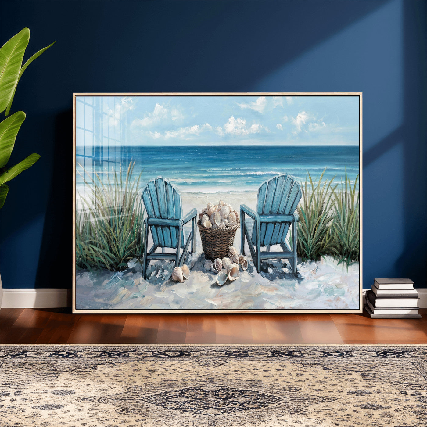 11973028-MGV-CV-36X24 - Beach Canvas Wall Art Coastal Adirondack Chairs Ocean Seashells Blue Nautical Framed Large for Living Room Bedroom Bathroom Decor