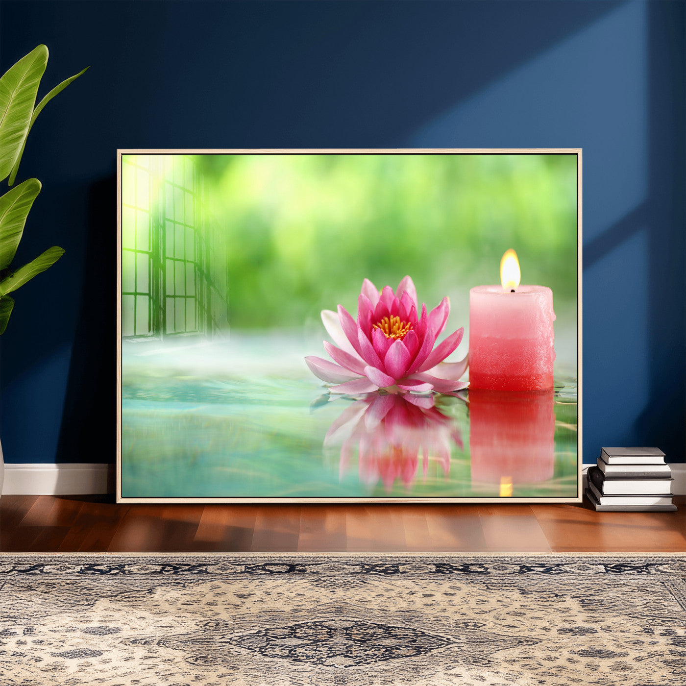 17661715-MGV-CV-36X24 - Zen Lotus Candle Canvas Wall Art Pink Spa Meditation Relaxation Green Bokeh Framed Large for Bathroom Bedroom Living Room Office Decor