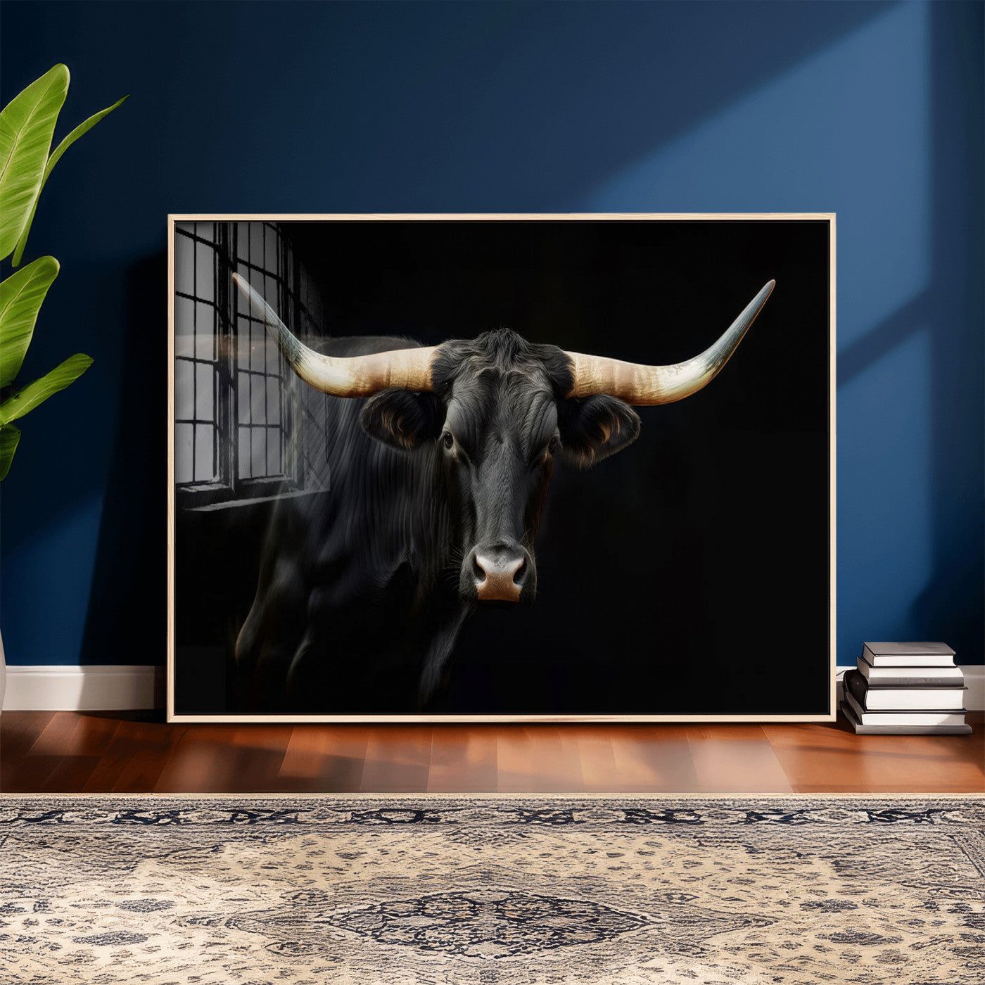 63798-MGV-CV-36X24 - Texas Longhorn Cow | Majestic Black Bull Wall Art Canvas Print - Farmhouse Animal Decor - Ready to