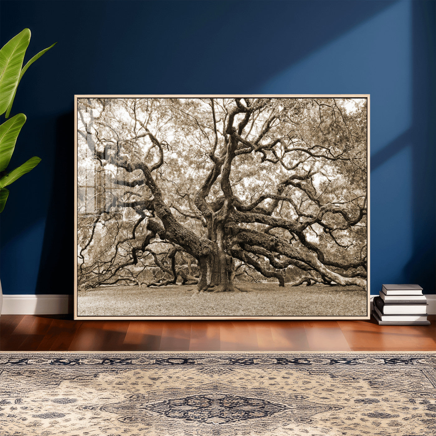 51126-MGV-CV-36X24 - Sepia Framed Angel Oak Tree Wall Art - 3-Panel Canvas Prints, Large Green Nature Artwork, Ready to