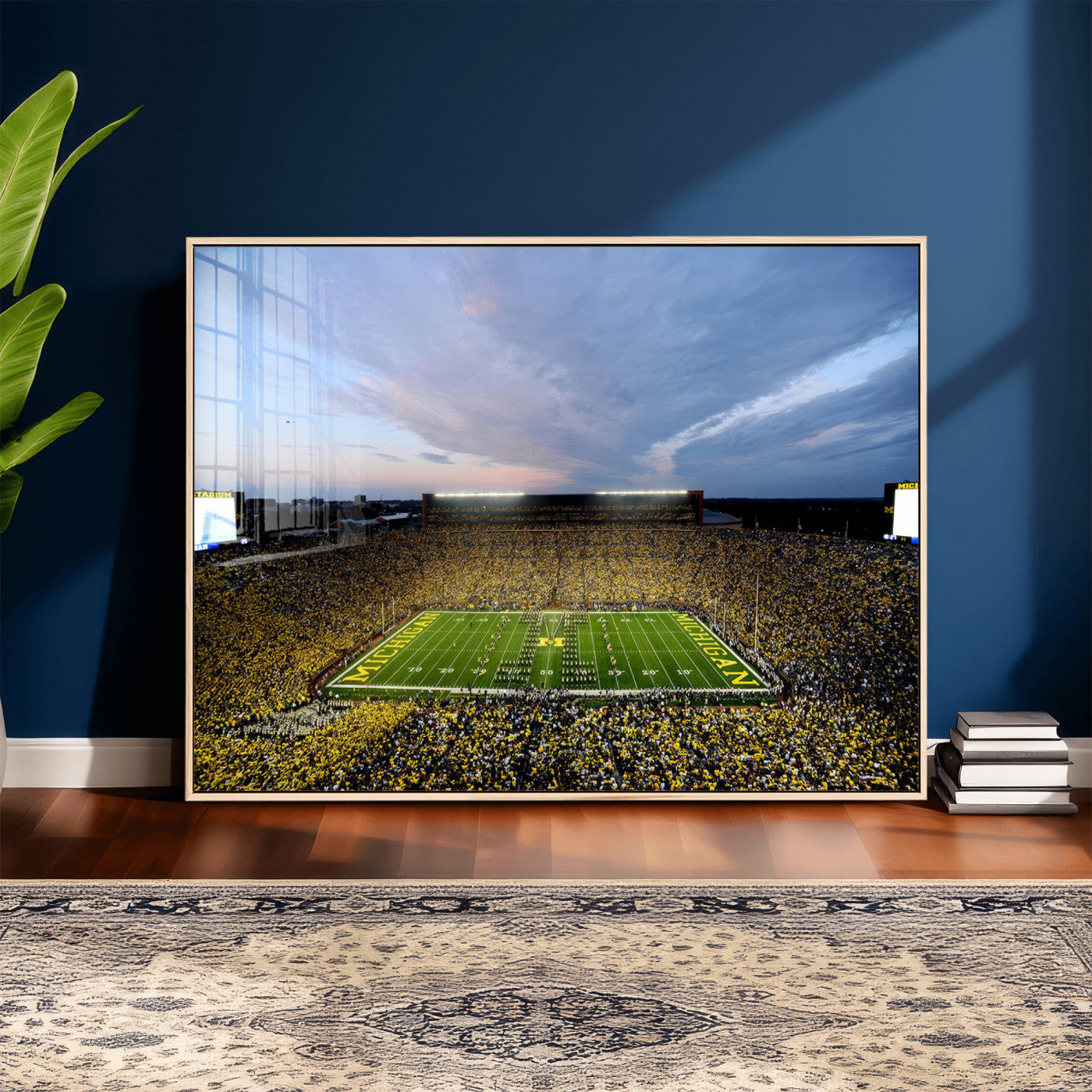 82641-MGV-CV-36X24 - Michigan Stadium Wall Art Canvas Print, Vibrant Game Day Crowd and Sunset Sky Football Field Artwork for Home, Office