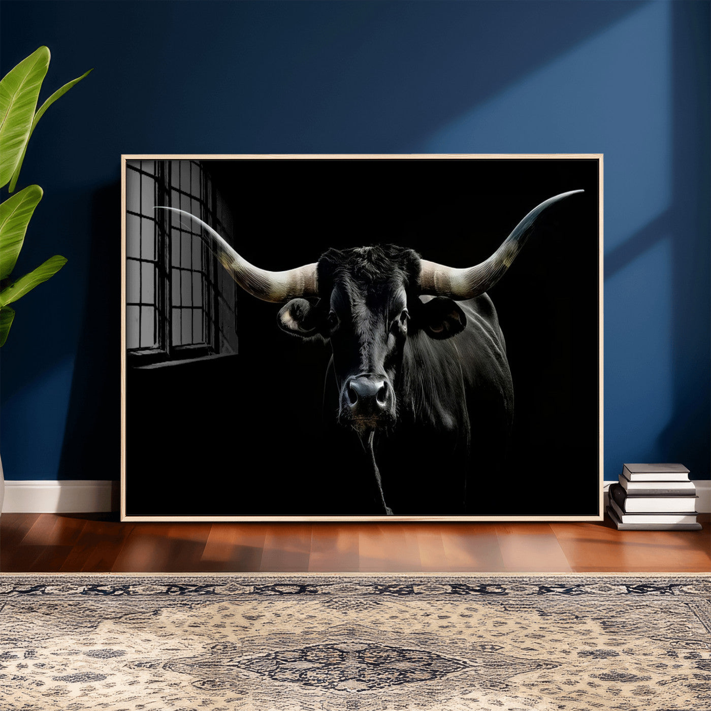 20679-MGV-CV-36X24 - Texas Black Longhorn Bull Wall Art Canvas Print - Western Texas Cattle Rustic Decor Print - Longhorn