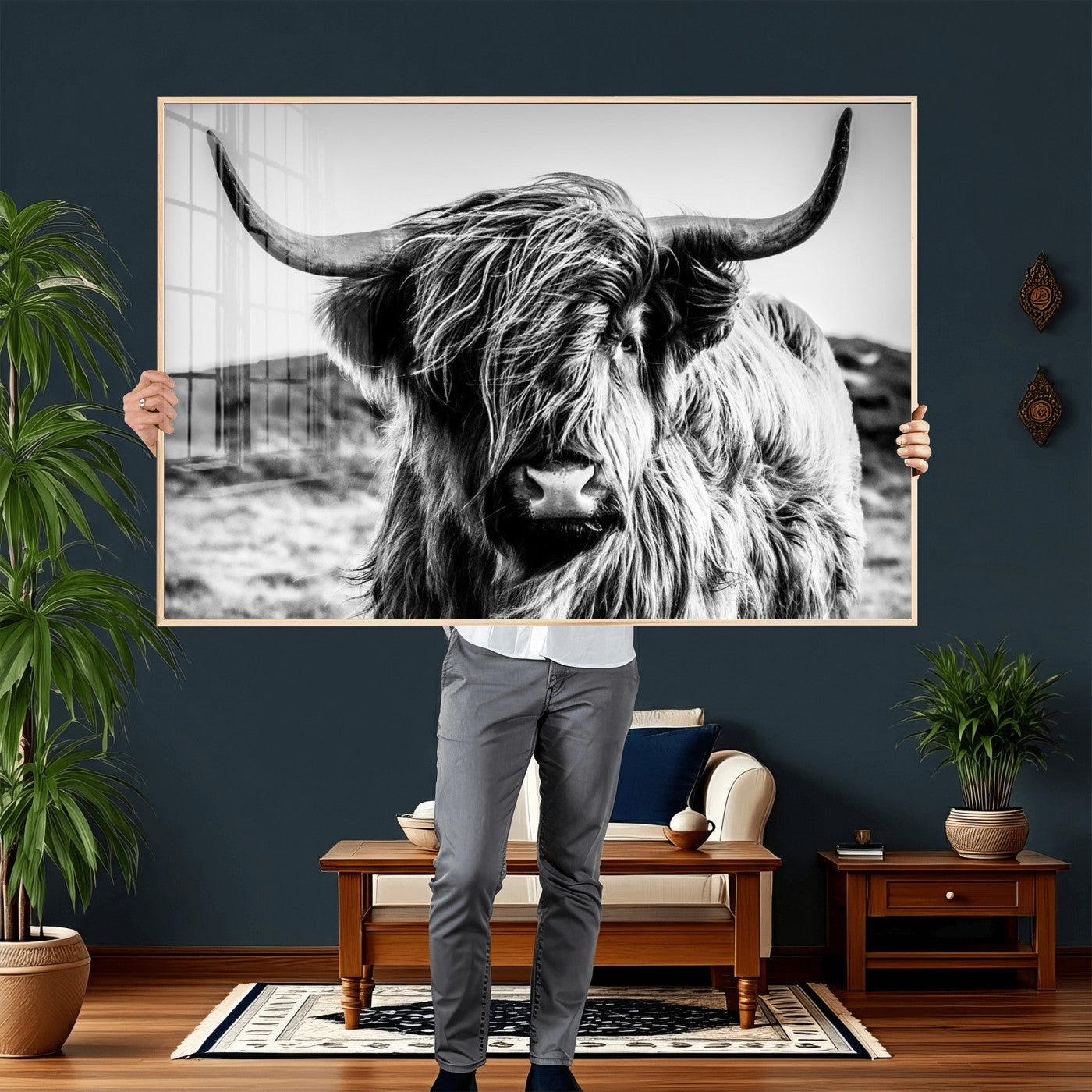 54309-MGV-CV-36X24 - Black and White Scottish Cow Canvas Wall Art Highland Cattle Canvas Print Framed Ready to Hang Original Cotton Canvas High Quality Image Multi Panel Wall Art Printable Artwork for Walls