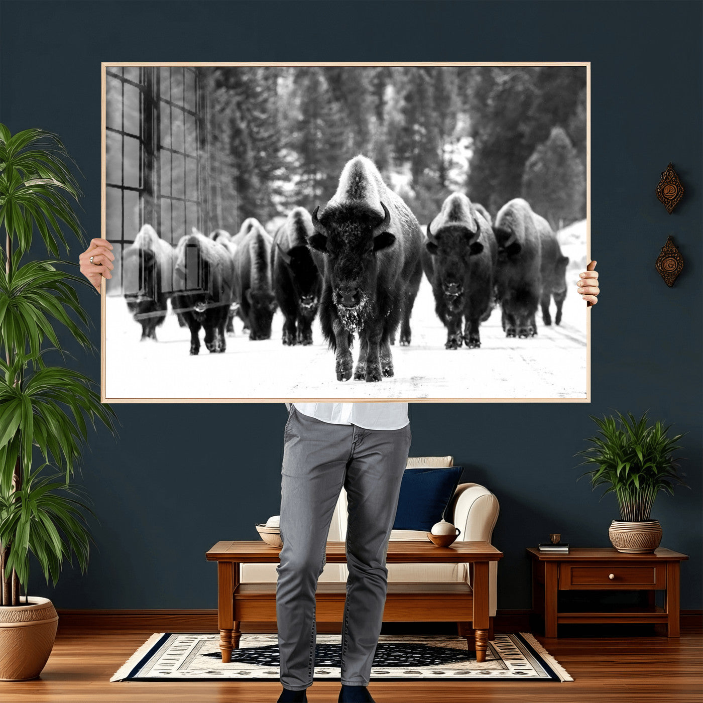 62434-MGV-CV-36X24 - Bison Herd in Snow Wall Art Canvas Print | Rustic Western Bison Wall Art for Decor for Living Room,