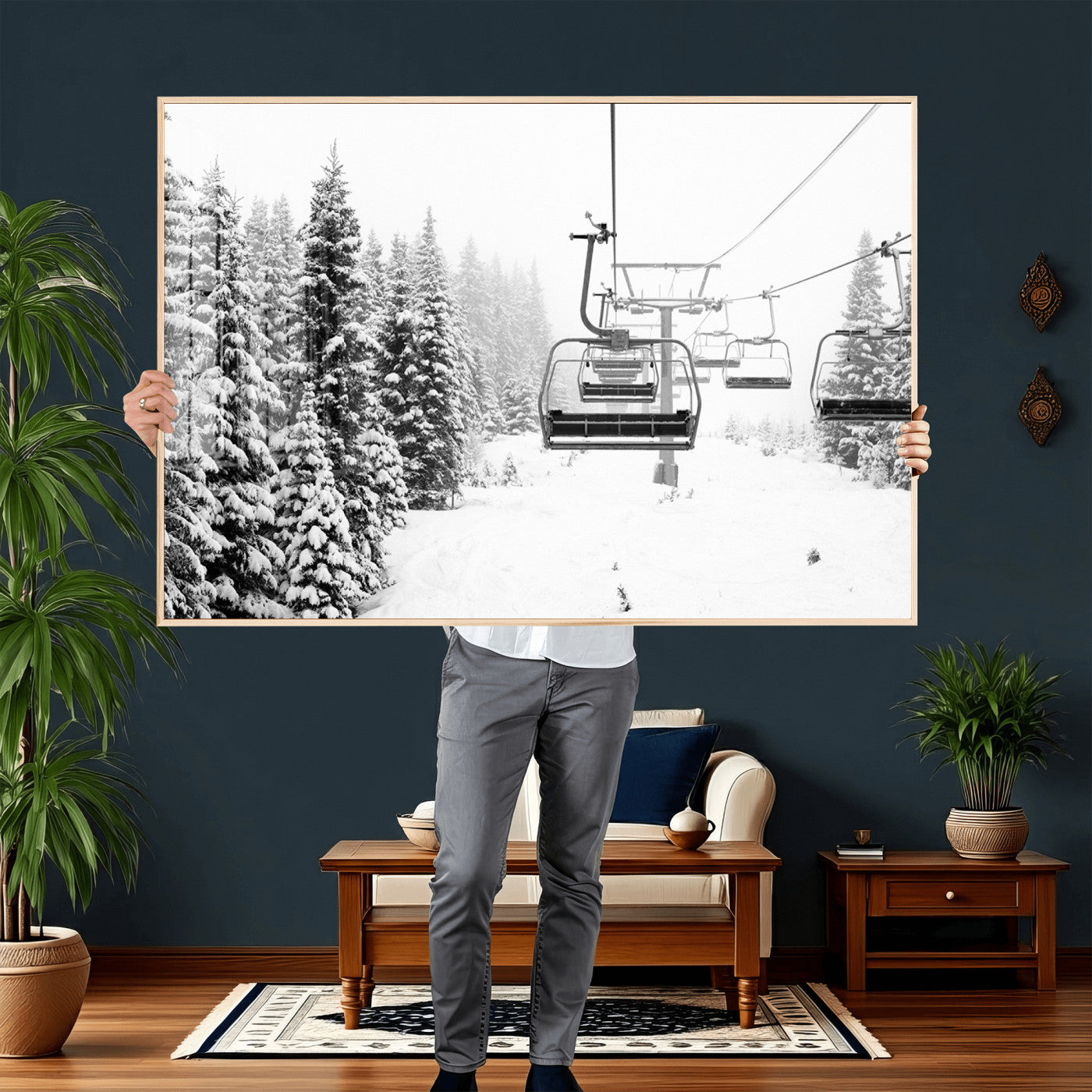 70609-MGV-CV-36X24 - Ski Wall Art - Ski Lift Wall Art Canvas Print Snow Covered Spruce Trees Winter Wall Art Ski Skier