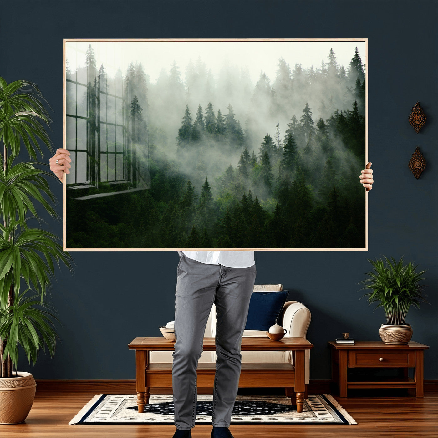 167720496-MGV-CV-36X24 - Misty Forest Mountain Wall Art Canvas | Large 3-Panel Foggy Landscape Canvas Print | Nature Misty