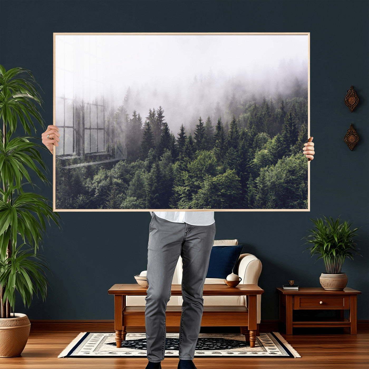 42578900-MGV-CV-36X24 - Misty Forest Wall Art | Foggy Forest Canvas Print | Large Nature-Inspired Misty Tree Landscape for