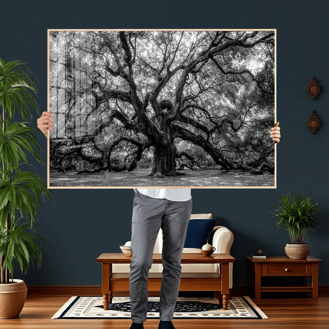 132944706-MGV-CV-36X24 - Black and White Old Angel Oak Tree Wall Art Canvas Print