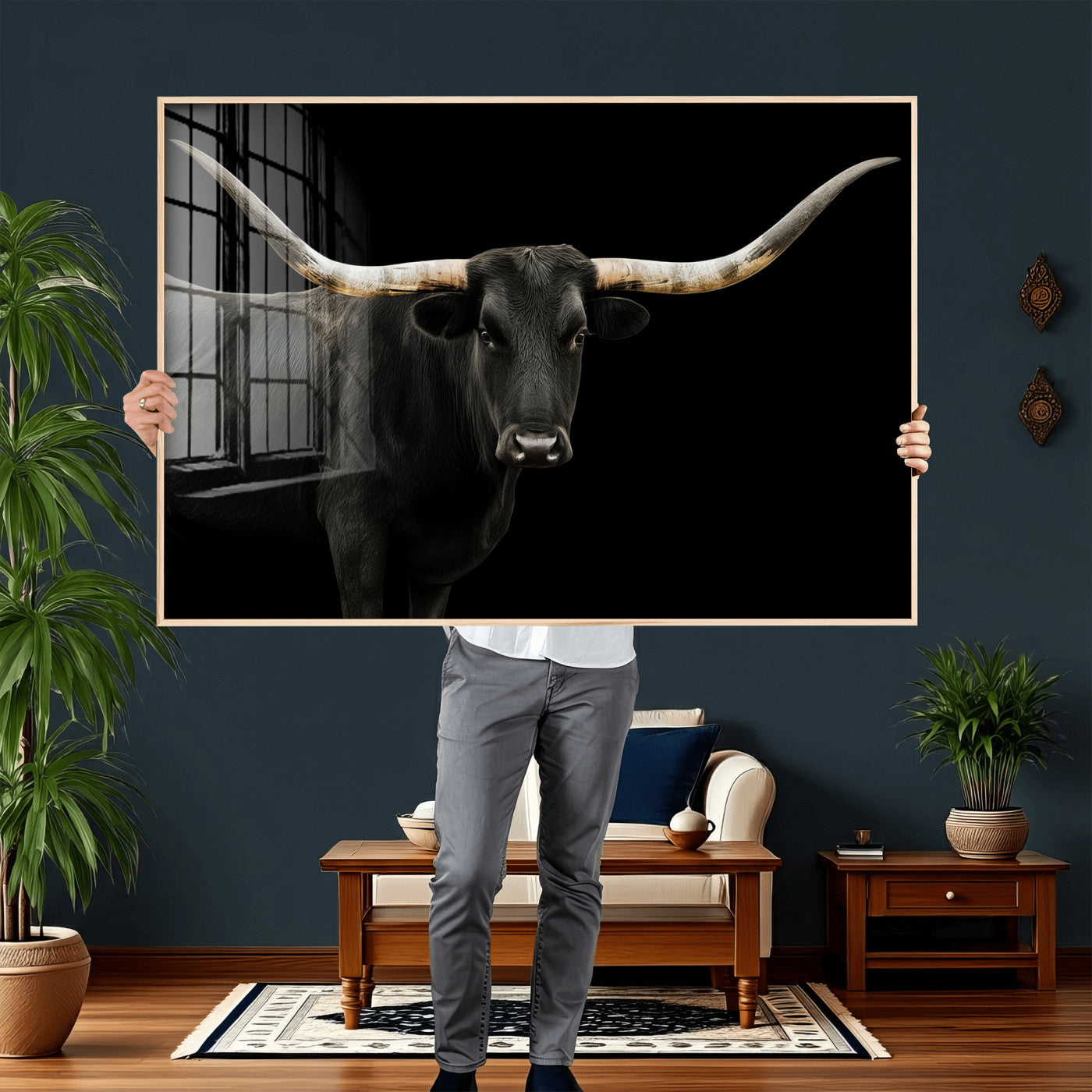 99448328-MGV-CV-36X24 - Longhorn Cattle Wall Art Canvas Print, Framed Texas Black Bull Art Picture Print, Western Cow Perfect Farmhouse Decor Artwork