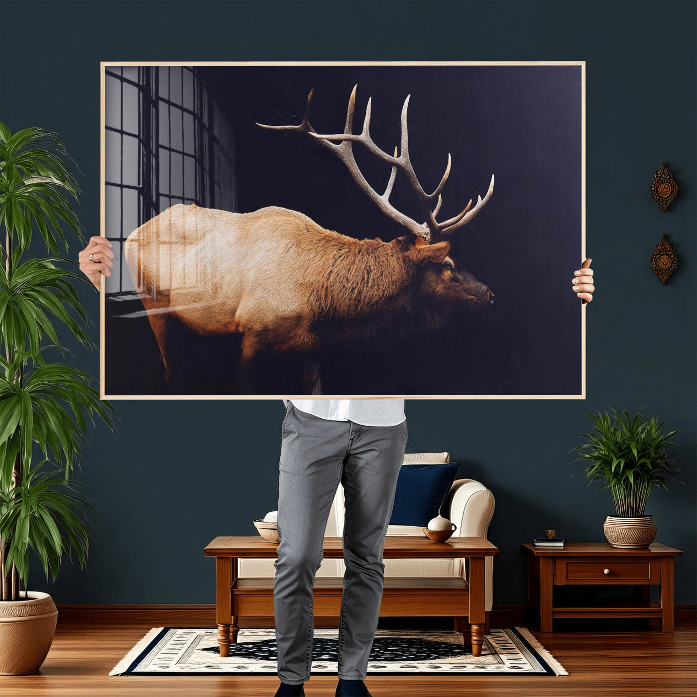 89239257-MGV-CV-36X24 - Rustic Elk Wall Art Canvas Print – Framed Moody Wildlife Art Picture Western Animal Artwork for Home, Office Decor