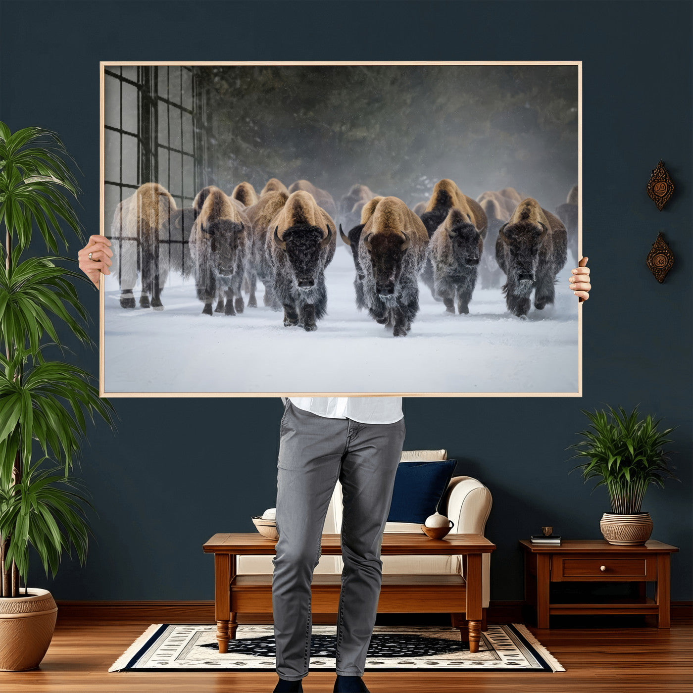 41669135-MGV-CV-36X24 - Winter Bison Herd Wall Art – Majestic Buffalo Charge Canvas Print with Snow Covered Plains, Rustic Wildlife Strength and Untamed Nature Decor for Home and Office