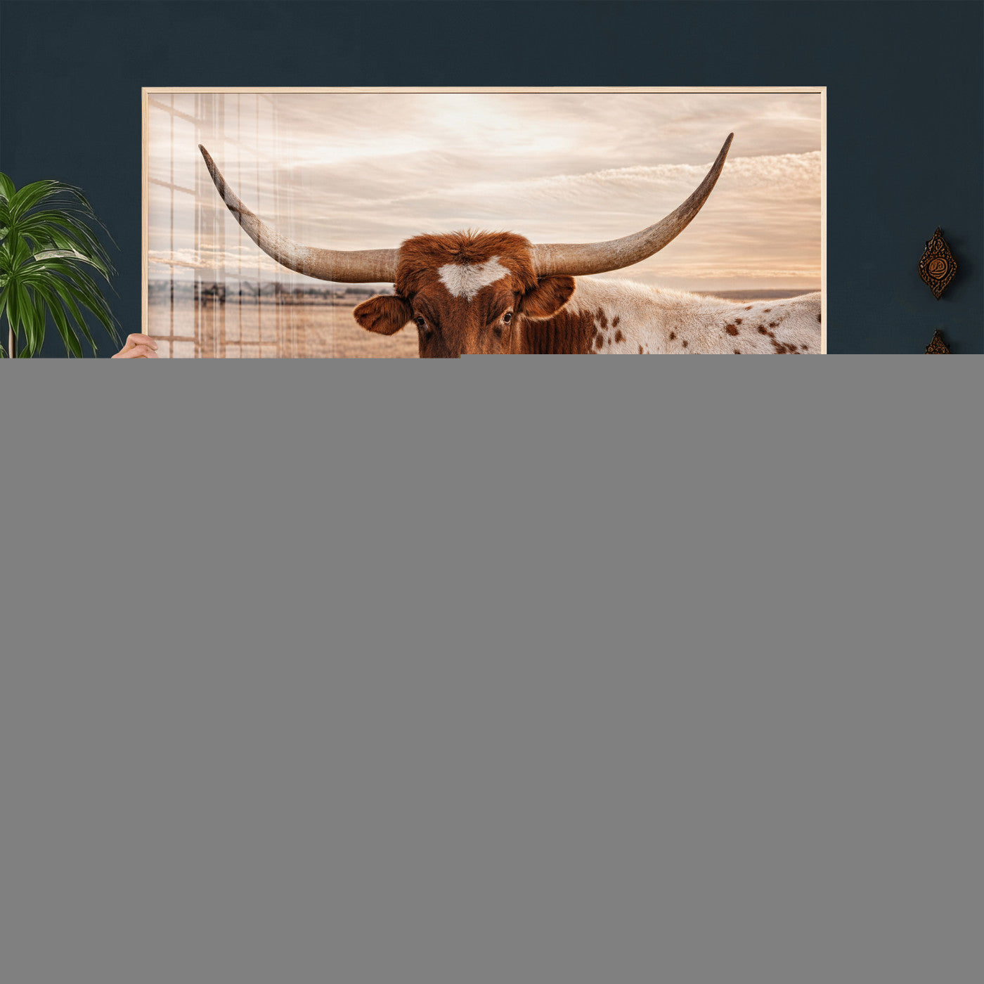 95745718-MGV-CV-36X24 - Longhorn Cow Wall Art – Texas Bull Canvas Print, Rustic Farm Cattle Photography, Western Animal Decor for Country Home, Living Room or Game Room