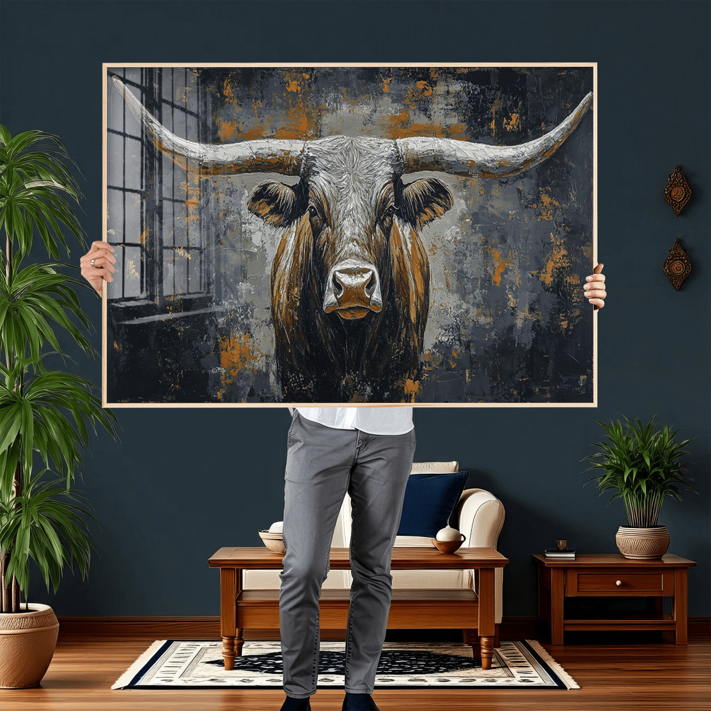 73972561-MGV-CV-36X24 - Bold Bull Wall Art Canvas – Striking Portrait with Wide Horns and Rich Brown Hues, Rustic Farmhouse and Western Decor for Home Room