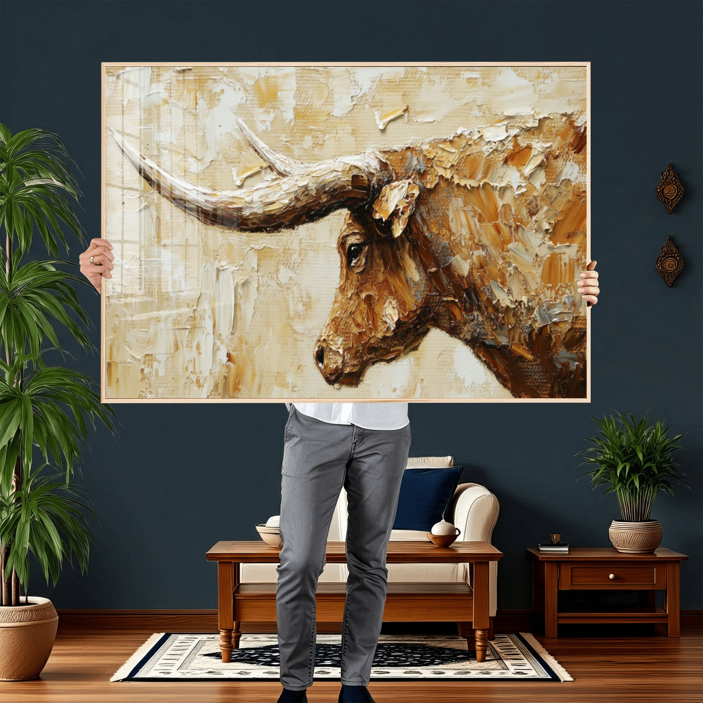 69611428-MGV-CV-36X24 - Rustic Longhorn Bull Wall Art Canvas Print – Vintage Western Cattle Painting, Texas Abstract Wall Cow Prints