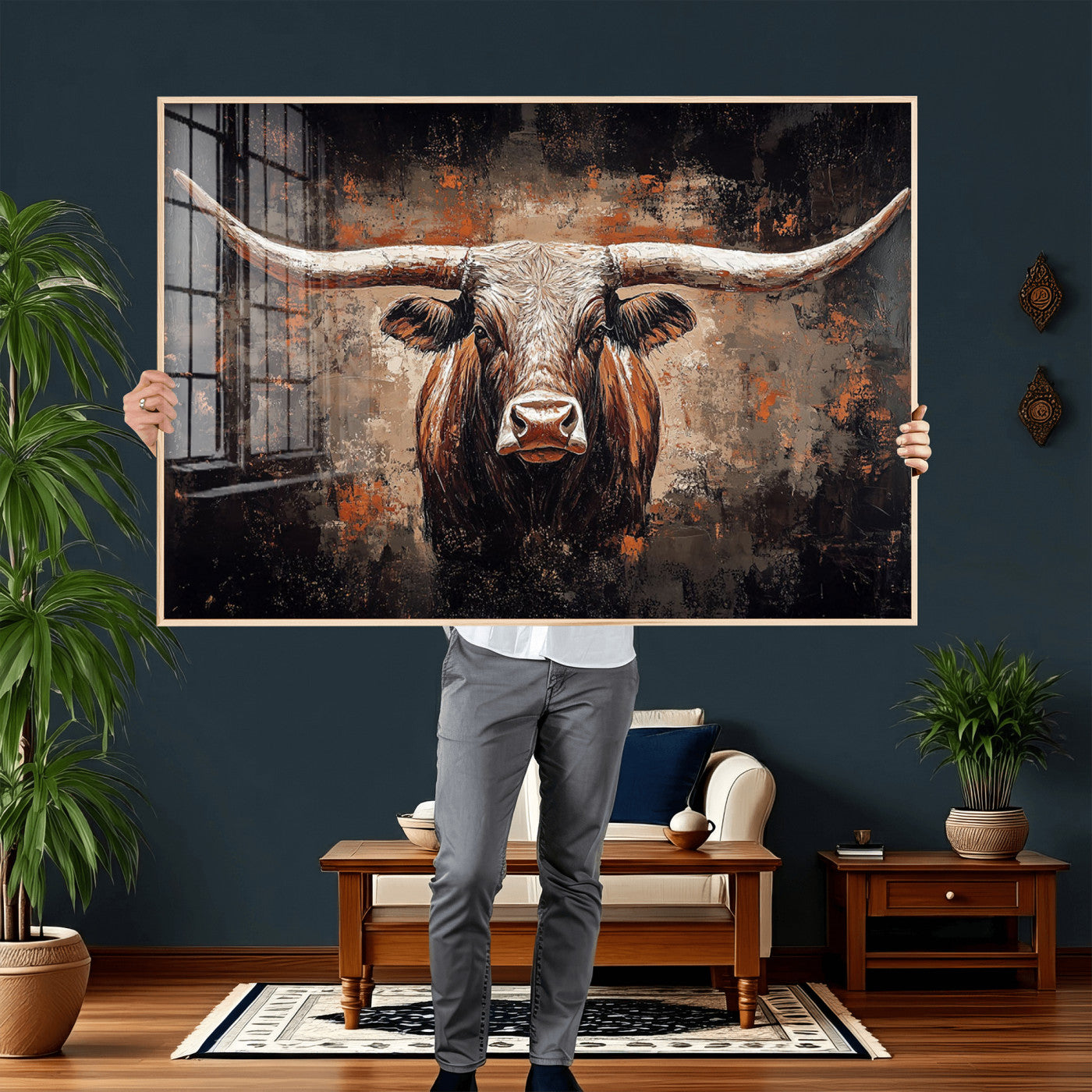 24779067-MGV-CV-36X24 - Rustic Longhorn Bull Wall Art Canvas Print – Vintage Western Cattle Painting, Texas Steer Artwork