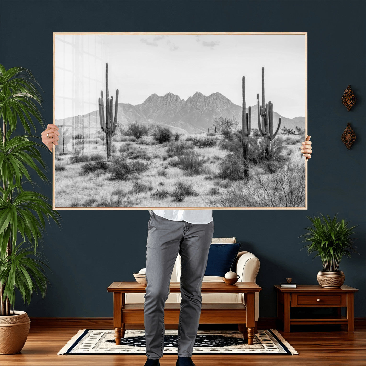 97436PHN-MGV-CV-36X24 - Black White Arizona Desert Canvas Wall Art Cactus Farmhouse Wall Art