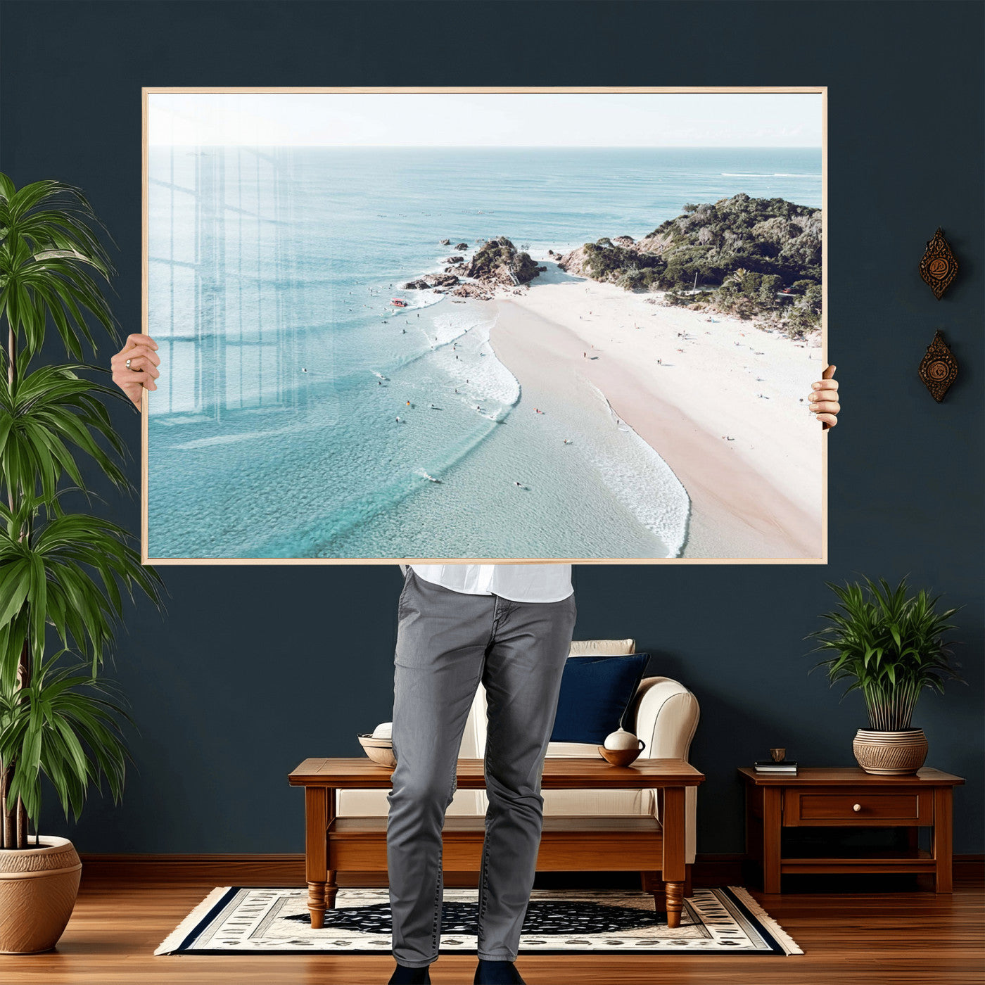 79395467-MGV-CV-36X24 - Aerial Beach Wall Art Canvas Print, Coastal Ocean Waves and Surfers Scenic Seaside Artwork for Home, Office Decor
